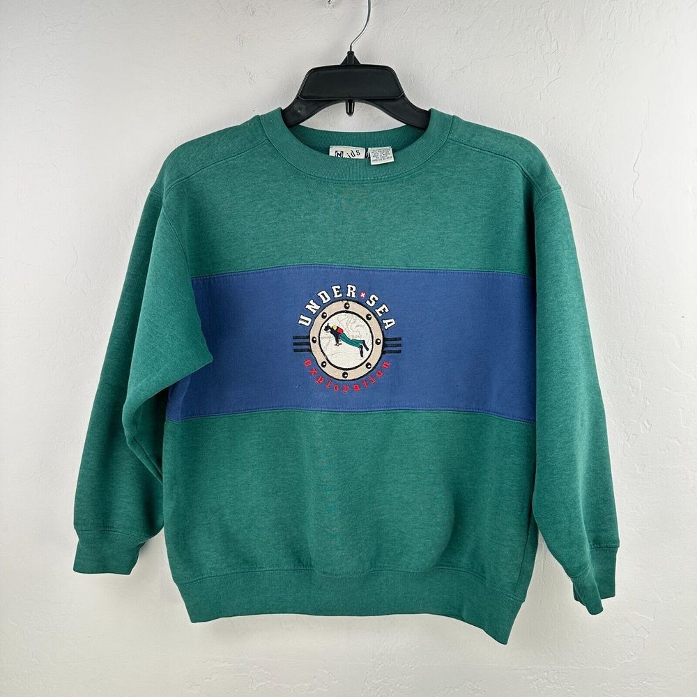 Vintage N‎ Kids Sweatshirt L Green Under Sea Exploration Colorblock Long Sleeve